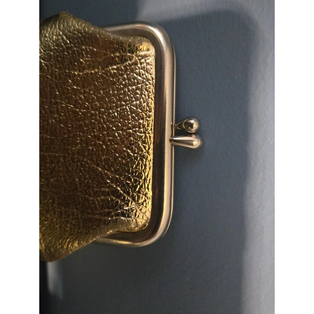 Vintage Gold Metalic Leather Coin Bag Snap Closure Kiss Lock Clasp Retro Evening